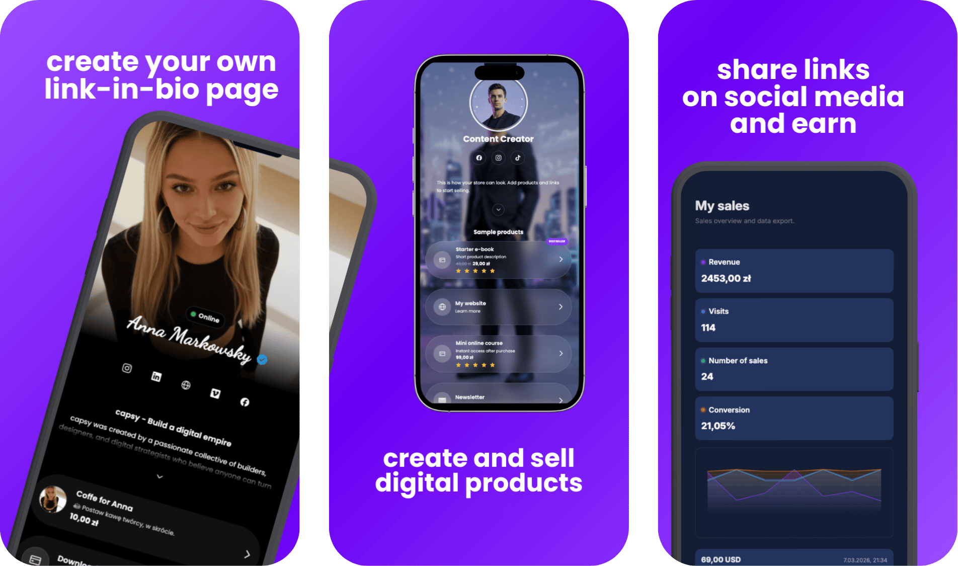 Capsy - create a link in bio page, sell digital products and share links across social media